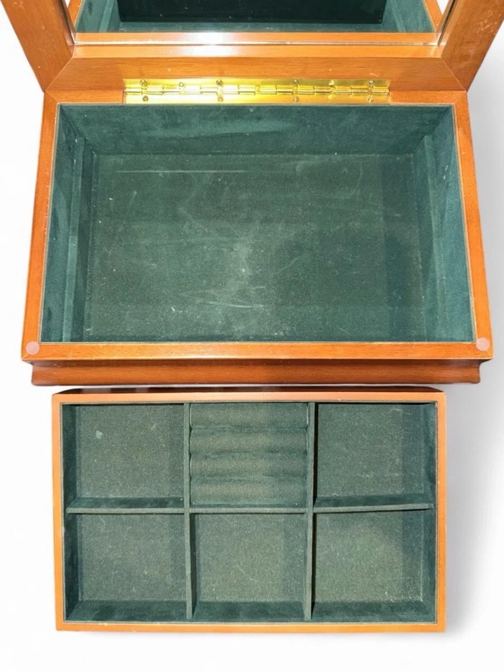 Wood Jewelry Box Burl Finish Mirrored Lid Green Velvet Removable Tray 12x7x4